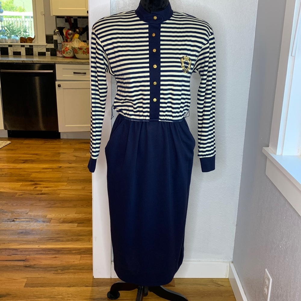 California Girl nautical navy blue white striped solid dress long sleeve pockets